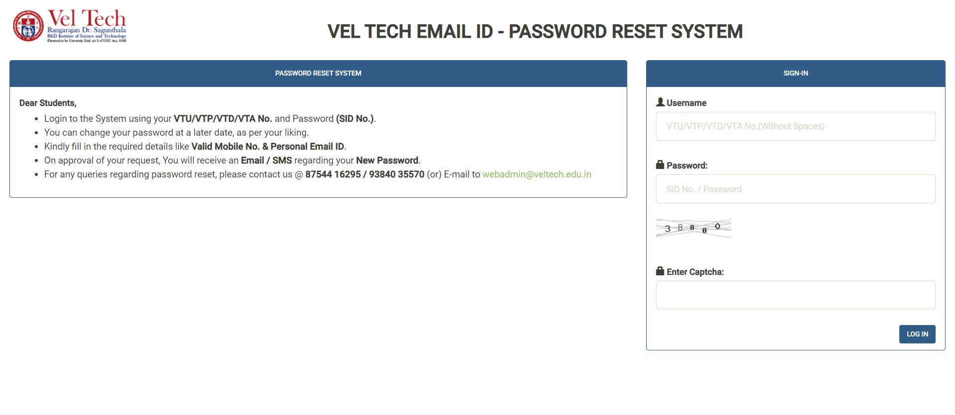 Vel Tech email id password reset